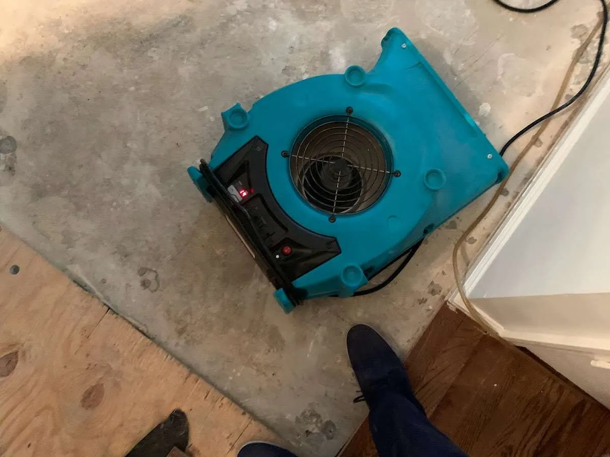 Air mover drying subfloor during Commercial Water Damage Restoration in Rolling Hills Estates